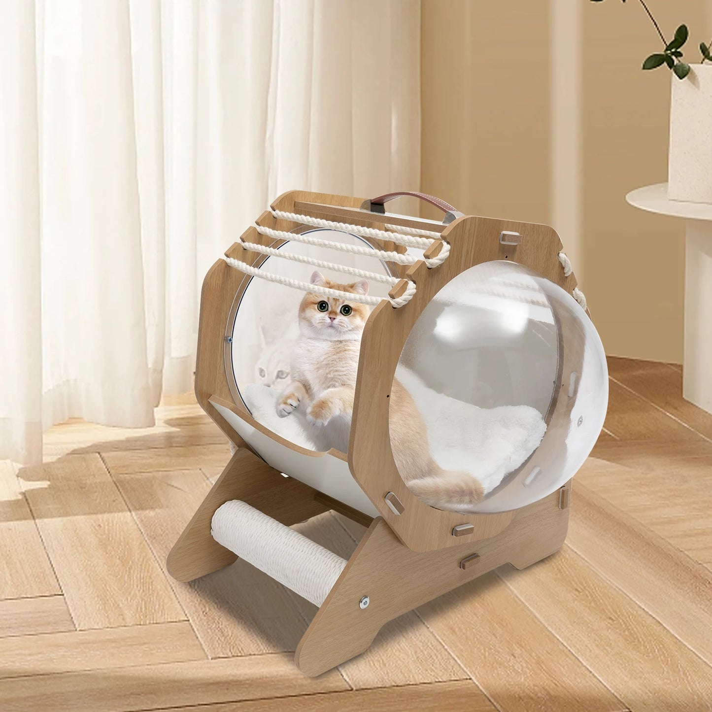 Cat Dog MDF Modern Pet Bed House Spaceship Space Capsule with Cushion Cat Bed with Acrylic Dome Wooden Cat Bed Capsule