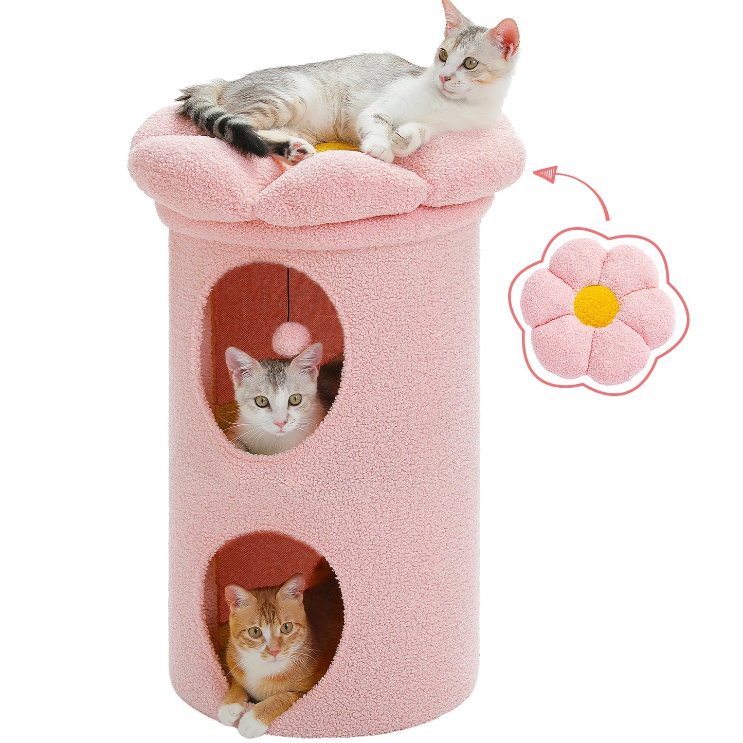 2-Storey Cat Beds for Indoor Cats Large Cat House with Removable Flower Cat Bed, Cute Cat Cave Cat Hideaway Indoor Cat Condo
