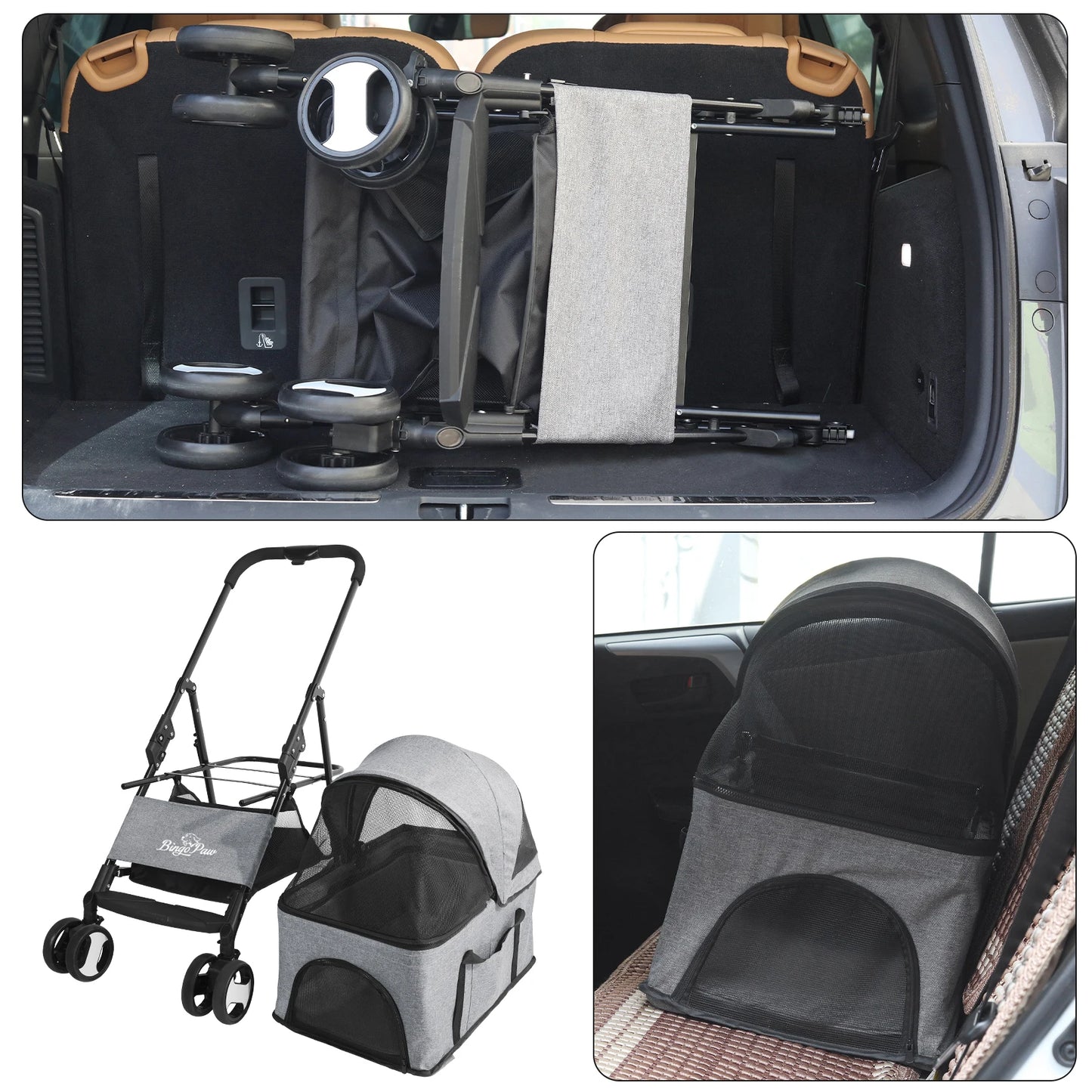 Luxury Foldable Cat Stroller 4 Universal Wheels Dog Pushchair Pet Stroller Travel Carrier Storage with Detachable Cushion