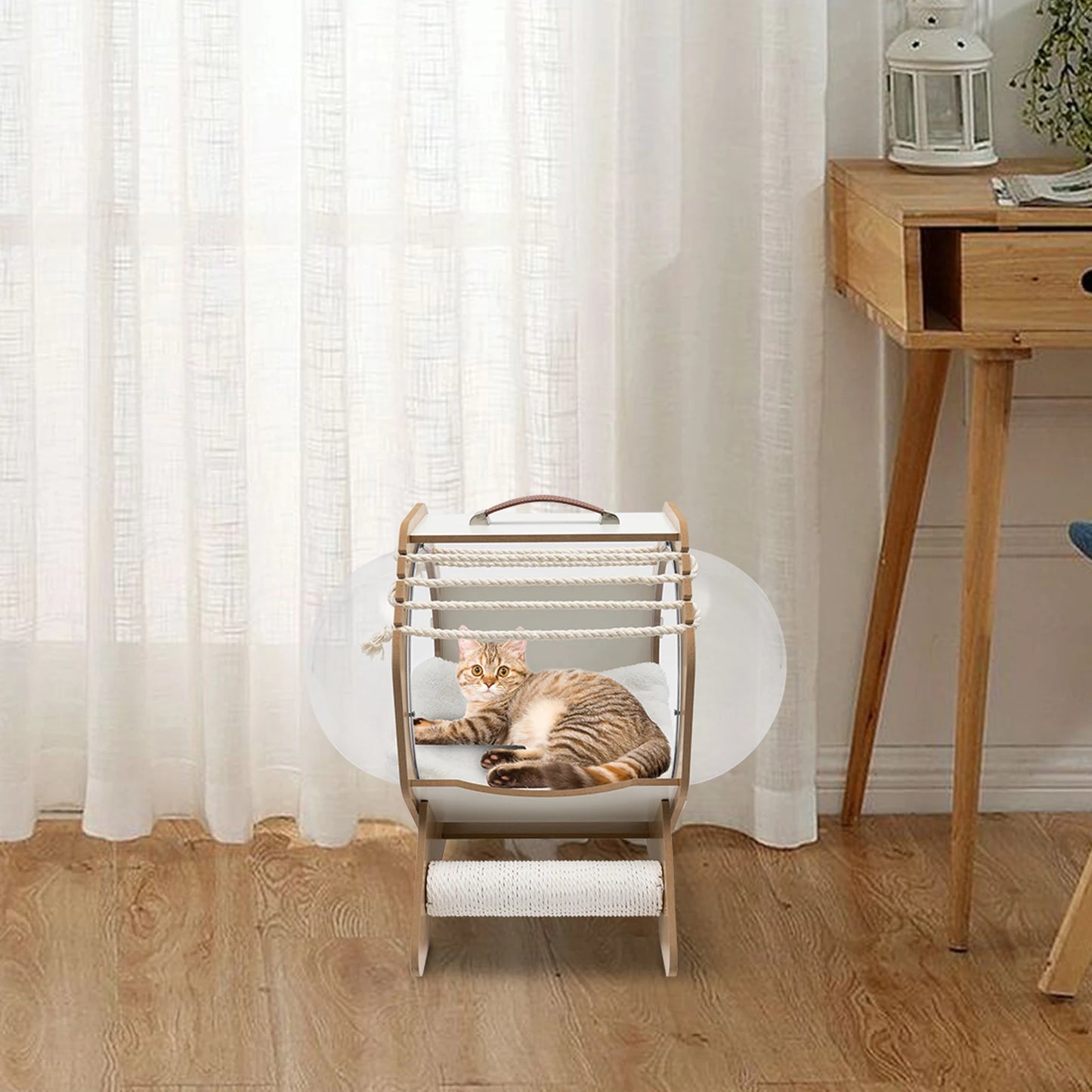 Cat Dog MDF Modern Pet Bed House Spaceship Space Capsule with Cushion Cat Bed with Acrylic Dome Wooden Cat Bed Capsule