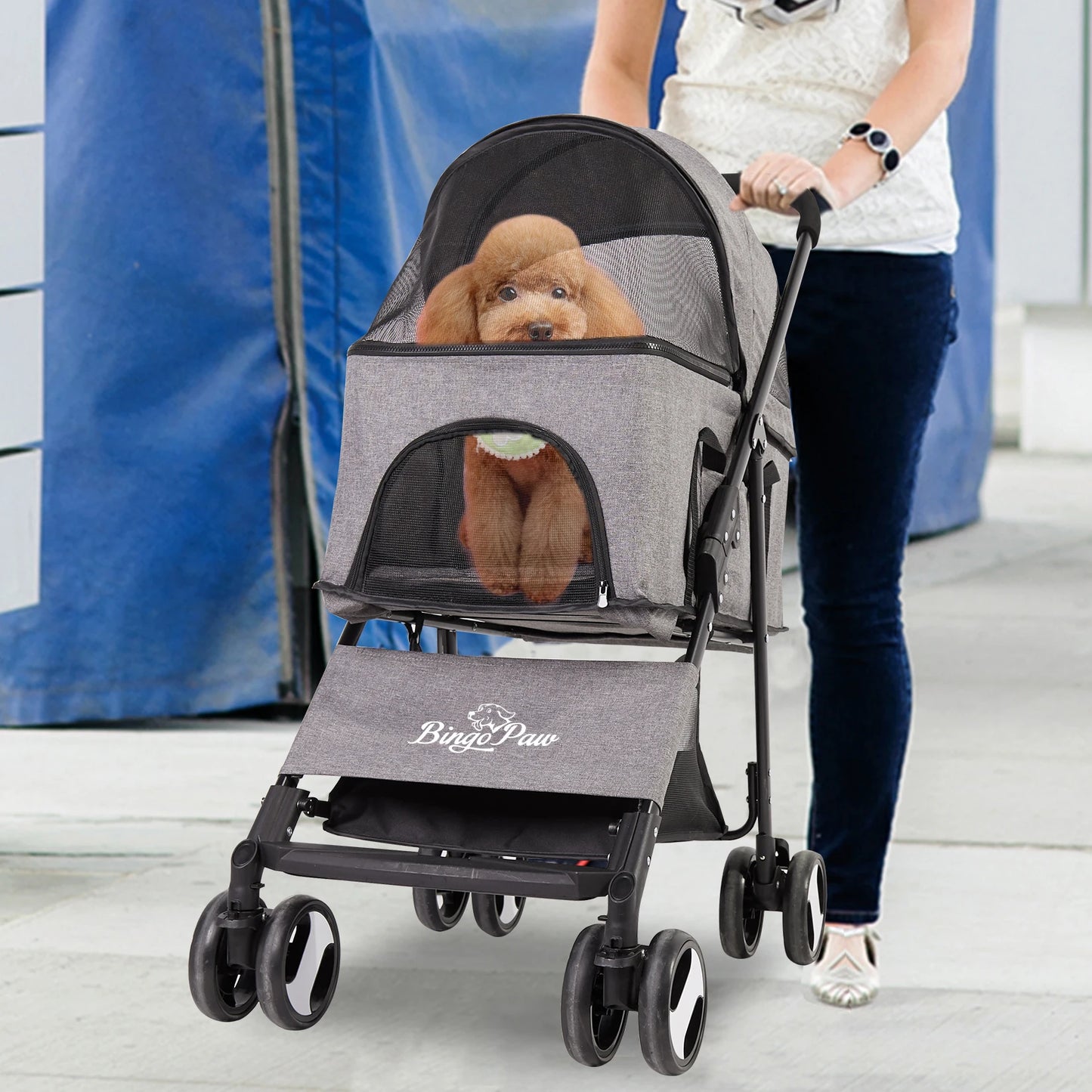 Luxury Foldable Cat Stroller 4 Universal Wheels Dog Pushchair Pet Stroller Travel Carrier Storage with Detachable Cushion