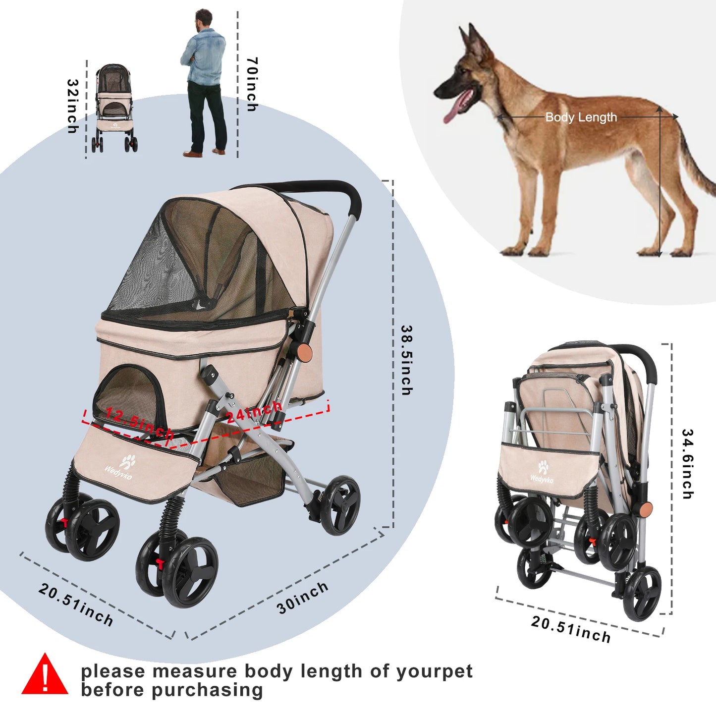 Foldable Cat Dog Stroller Detachable Easy Assembly Pet Travel Carrier W/Shock Absorption Folding Resistant to dirt