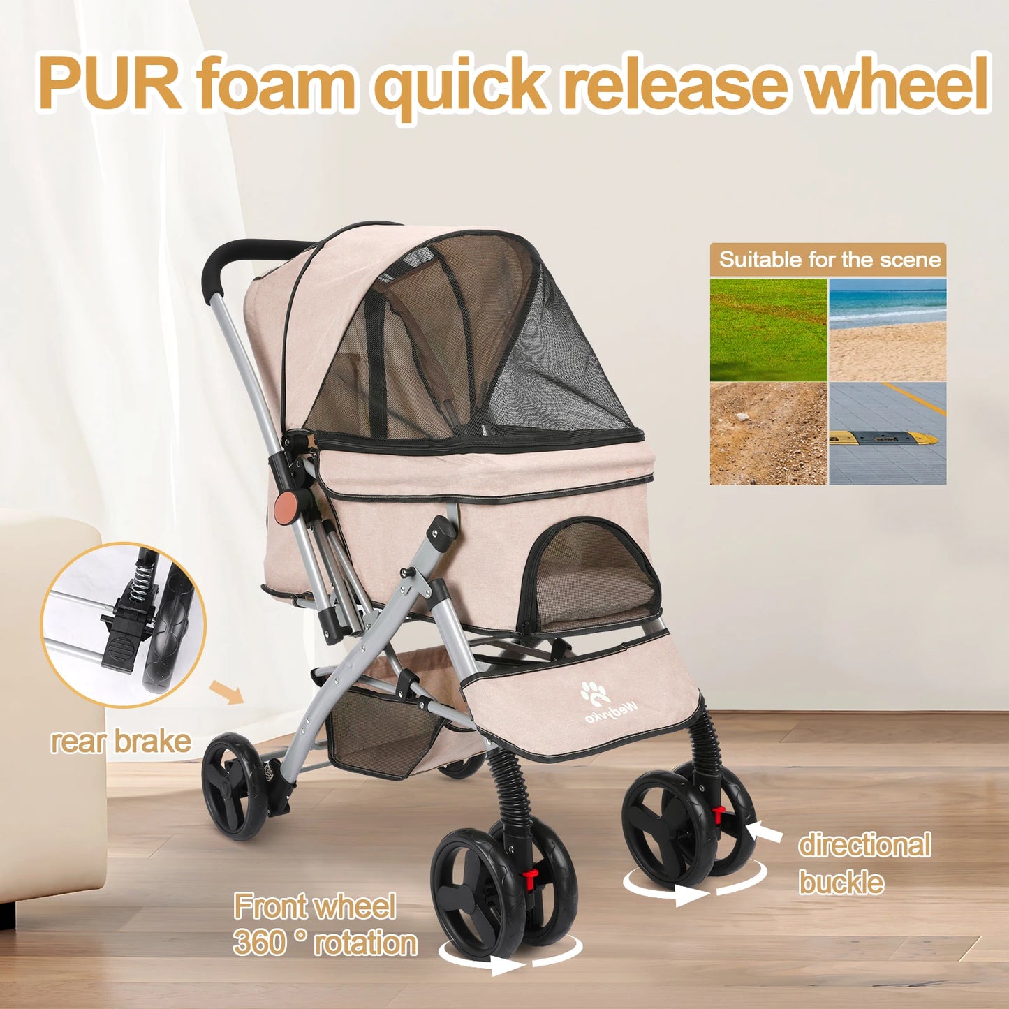 Foldable Cat Dog Stroller Detachable Easy Assembly Pet Travel Carrier W/Shock Absorption Folding Resistant to dirt
