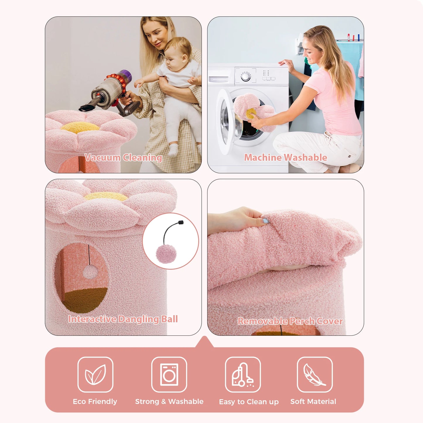 2-Storey Cat Beds for Indoor Cats Large Cat House with Removable Flower Cat Bed, Cute Cat Cave Cat Hideaway Indoor Cat Condo