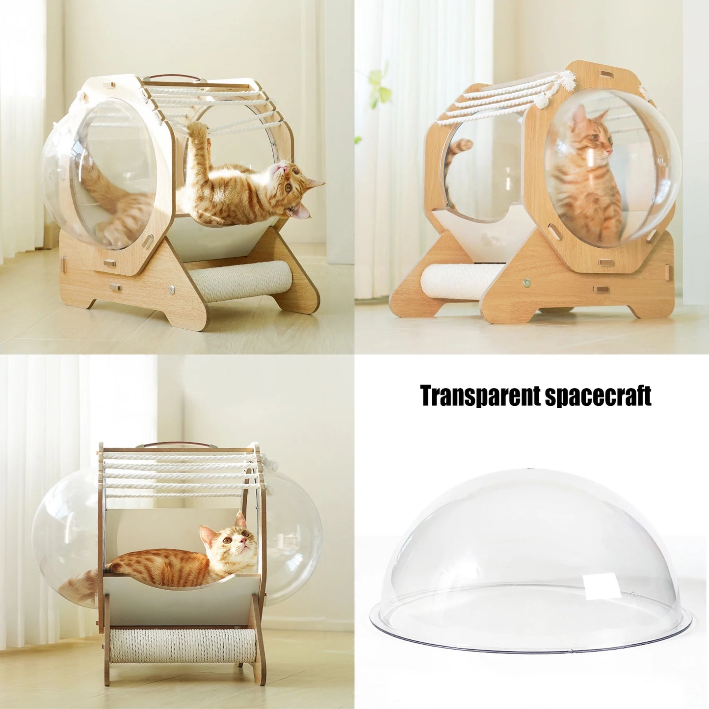Cat Dog MDF Modern Pet Bed House Spaceship Space Capsule with Cushion Cat Bed with Acrylic Dome Wooden Cat Bed Capsule