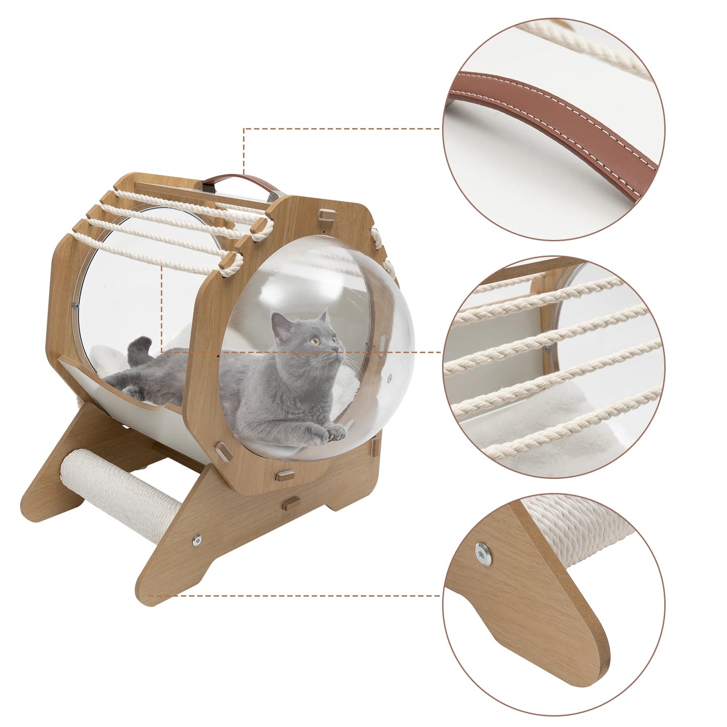 Cat Dog MDF Modern Pet Bed House Spaceship Space Capsule with Cushion Cat Bed with Acrylic Dome Wooden Cat Bed Capsule
