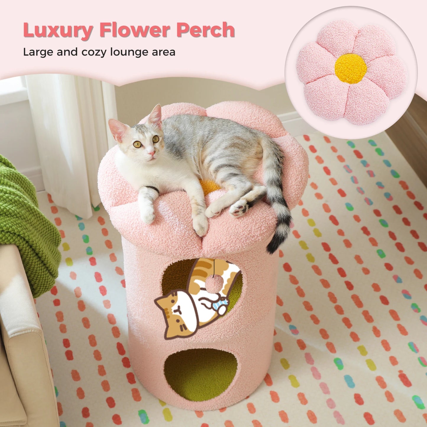 2-Storey Cat Beds for Indoor Cats Large Cat House with Removable Flower Cat Bed, Cute Cat Cave Cat Hideaway Indoor Cat Condo