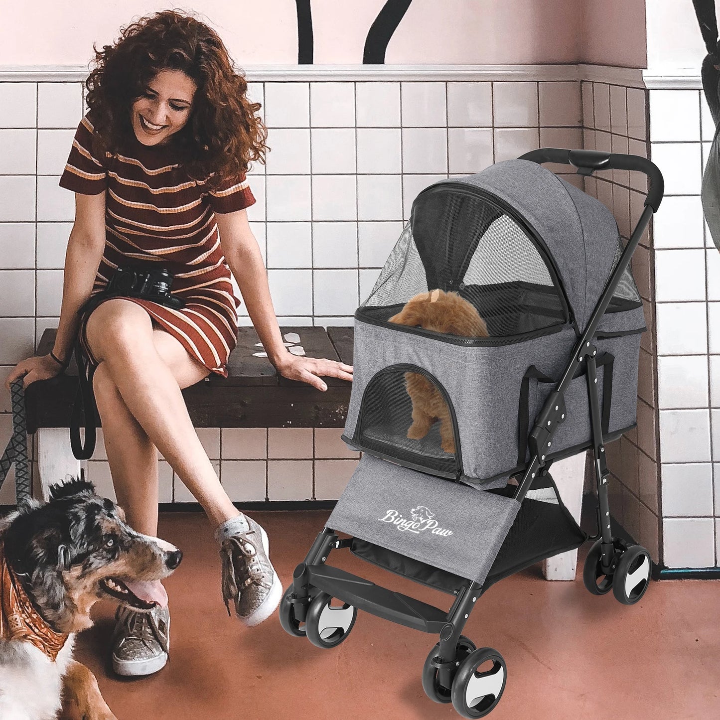 Luxury Foldable Cat Stroller 4 Universal Wheels Dog Pushchair Pet Stroller Travel Carrier Storage with Detachable Cushion